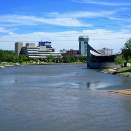 Arkansas waterfront seen from pedestrian bridge